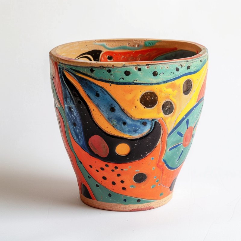 Ręcznie malowana ceramiczna donica, lata 70.