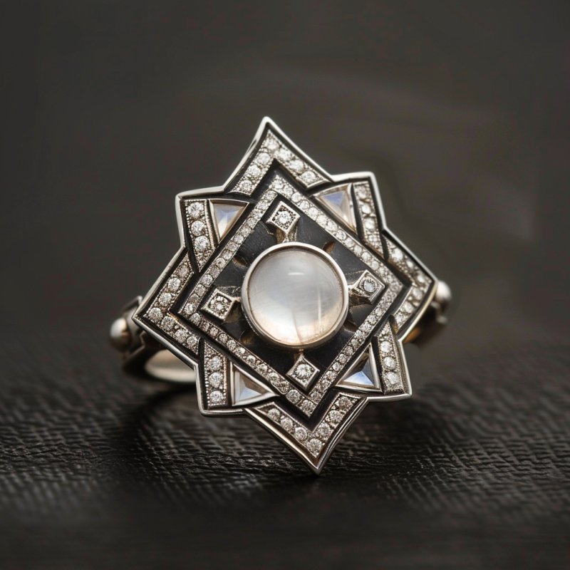 Zachwycający pierścionek Art Deco z kamieniem księżycowym - 01