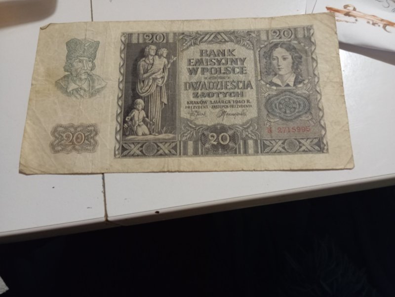 Polski banknot 20 zł z 1940 roku