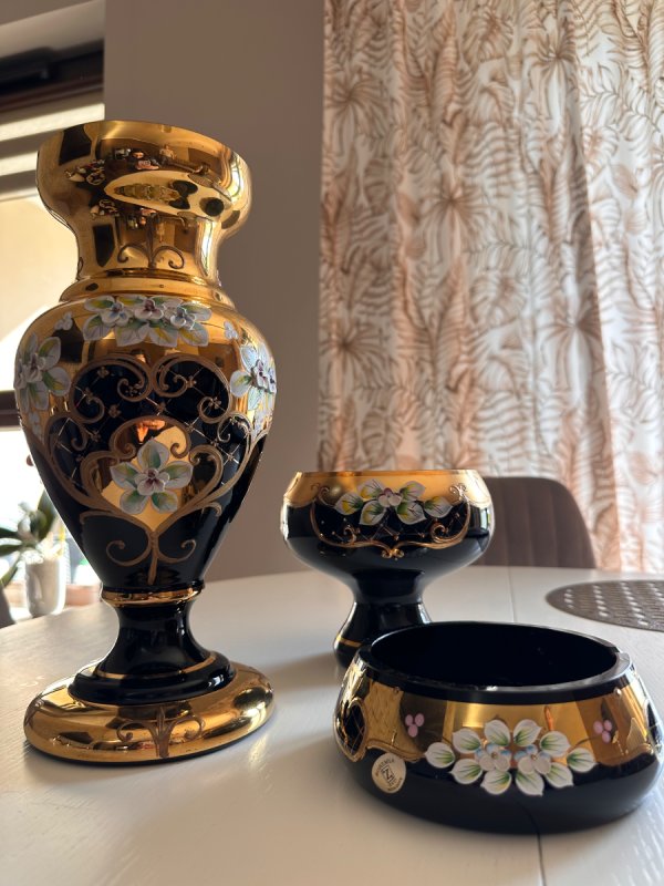 Zestaw Bohemia, czarne szkło, Handmade, Czechy