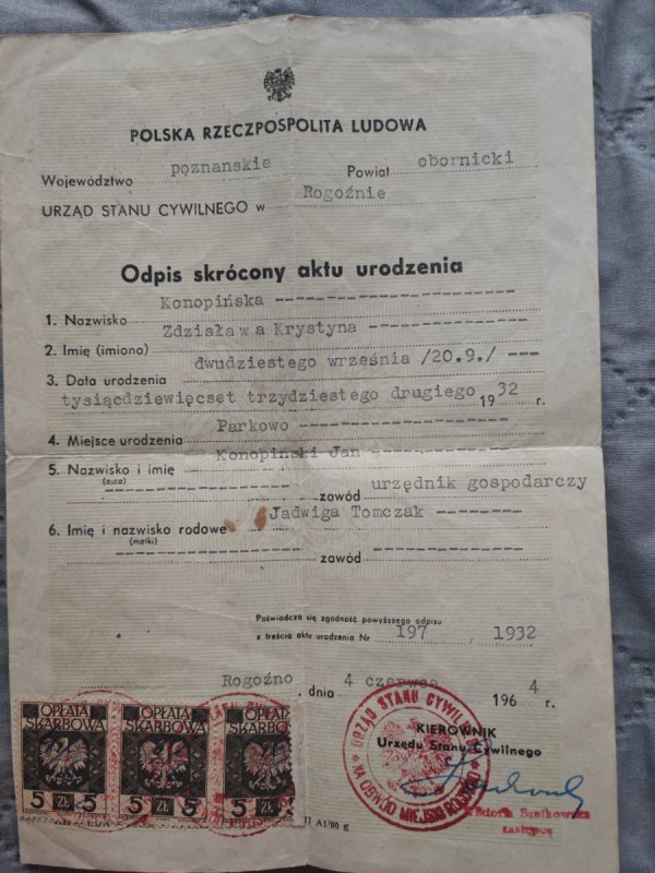 Skrócony akt urodzenia z 1932r