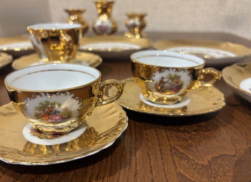 Retro PRL Wystawny Serwis 21el Porcelana Złoto 24k